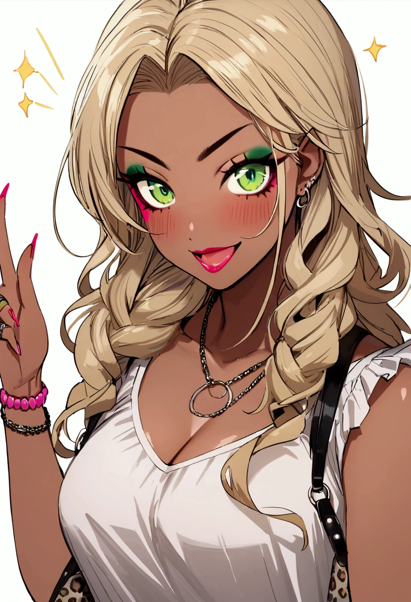 girl with dark brown hair and blonde highlights in her hair with dark complexion with gyaruora ora makeup, green eyes with dark gyaru clothing and gray leopard, with a gyaru bag matching her clothes with a gyaru greeting
