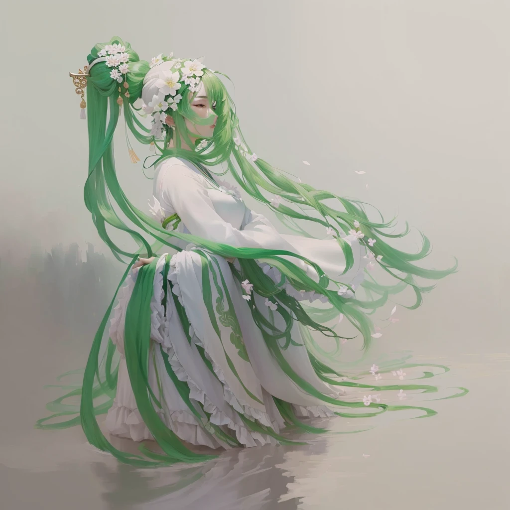 Woman in green dress holding flowers, The non-dual god of spring, Long flowing hair and robes, Inspired by Ting Xiongquan, Inspired by Huang Ji, Inspired by Xie Shichen, Inspired by Qiu Ying, Inspired by Shigenobu Yanagawa, Inspired by Lv Ji, Inspired by Gage