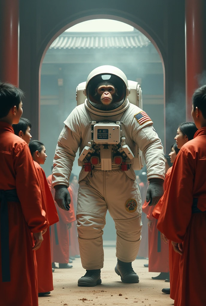 All people shocked at the big time travel capsule. All people wear Chinese traditional dress. Open capsule a big monkey come out .Monkey wear astronaut suit white came out from the big capsule. timeline on the Chinese emperor