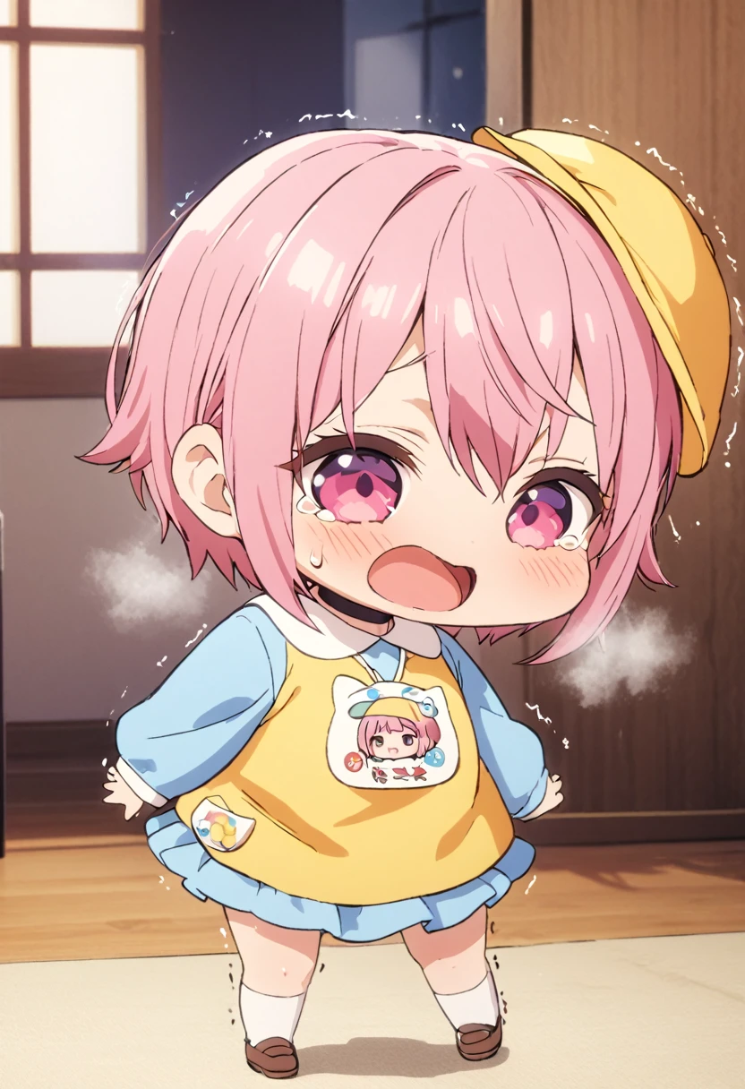 (Highest quality, 4K, 8k, High resolution, masterpiece:1.2), Very detailed, Picturesque, Animated Photography, Photo Animation:1.37)、Japanese schoolgirl、(Pink Hair)、(short hair)、stnding、(chibi:1.4),blue shirt,(kindergarten uniform:1.2),(yellow school hat:1.15),(blue skirt:1.1),(tulip-shaped name tag:1.05)、black choker、Ecstasy face、Sweat、Are crying、vapour、trembling、Full body photography、Nakano ichika