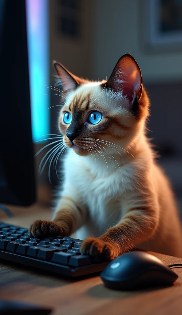 Photorealistic, 64K, A realistic Siamese Cute fat giant cat playing on its gaming PC. The computer is wrong, fix this. The cat needs to hold the Mouse correctly