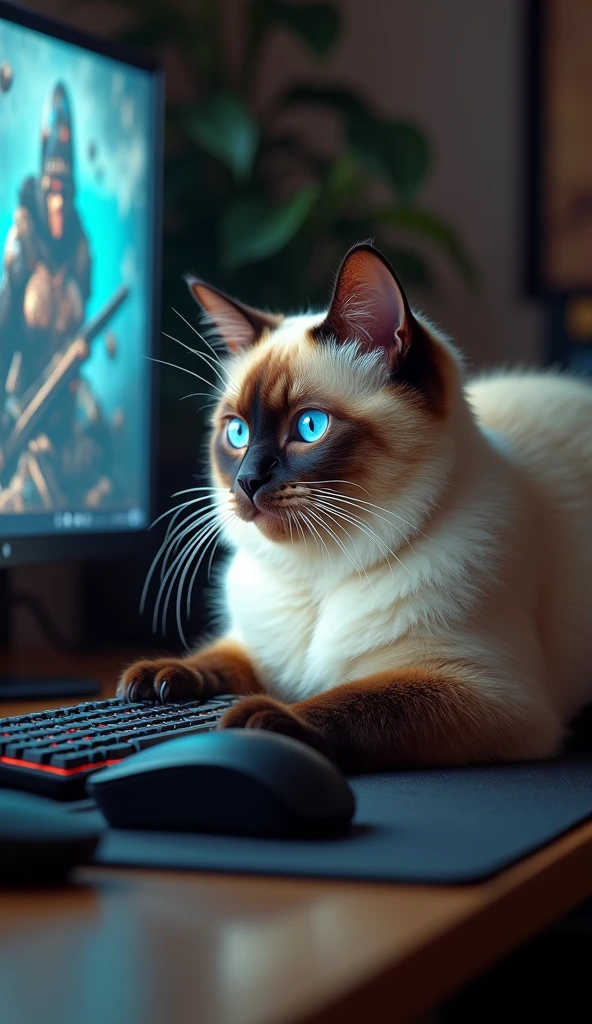 Photorealistic, 64K, A realistic Siamese Cute fat giant cat playing on its gaming PC. The computer is wrong, fix this. The cat needs to hold the Mouse correctly