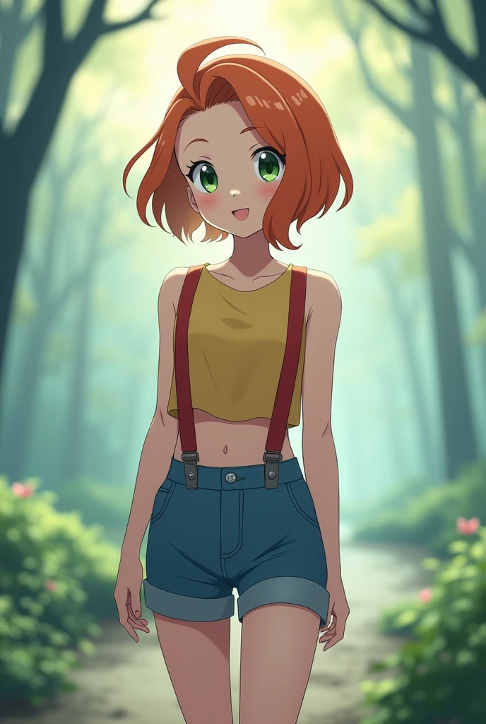 Wallpaper,masterpiece,High resolution,8K
(Misty_Pokemon)(1 18-year-old girl)
(Berry Short,Orange Hair,one side up hair,Big green eyes,Small breasts,Skinny, beautiful smile)
(Yellow sleeveless T-shirt,Belly button exposed,Denim hot pants,Red suspenders,sneakers)
I can feel the spirit in my eyes.