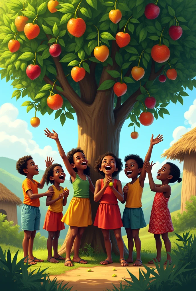 Village African children getting and eating fruits from a tree 