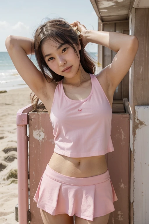 cute japanese girl, sweating pink mini skirt, pink tank top, sunny day, beach, covered in sunscreen