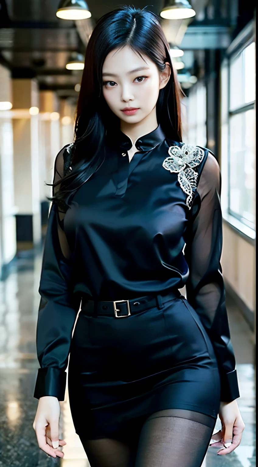Elegant upper-class elite secretary，Wear a luxurious silk top, Skirts and thighs、27yo、big breasts body　162cm、Take a walk along the hallway、office clothes, (Wear pantyhose,Realistic pantyhose)、working in an office、wearing a strict business suit, Wear high-end heels、 Shirt girl, Wear an elegant shirt, Wear an ultra-thin top, merchant, Shirts and skirts, Wearing a silk shirt, Wear a shirt and skirt, 　　　　　　RAW photo, (8K、top-quality、tmasterpiece:1.2)、(intricately details:1.4)、(Photorealsitic:1.4)、octane renderings、Complex 3D Rendering Ultra Detail, Studio soft light, rim lights, vibrant detail, super detailing, realistic skin textures, Detal Face, Beautiful detail eyes, Very detailed CG Unity 16k wallpaper, Make up - up, (detailedbackground:1.2), Bare with thighs!!!,