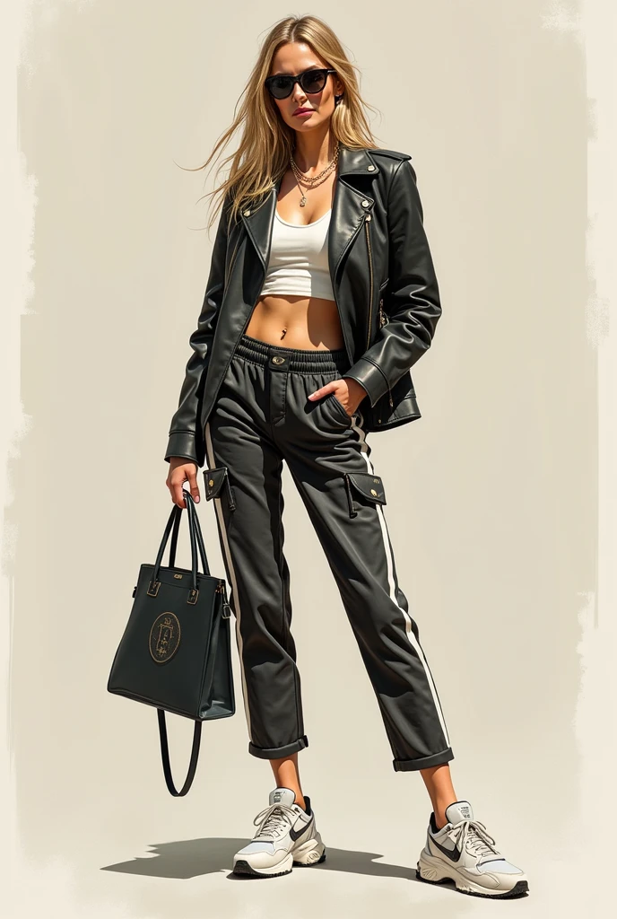 sketch of lady, of a complete outfit with an athleisure theme, that have an exclusive style, entre old money, with the essence of Prada, y channel, that has a sporty base with clothes that do not seem so but are elegant and sophisticated

