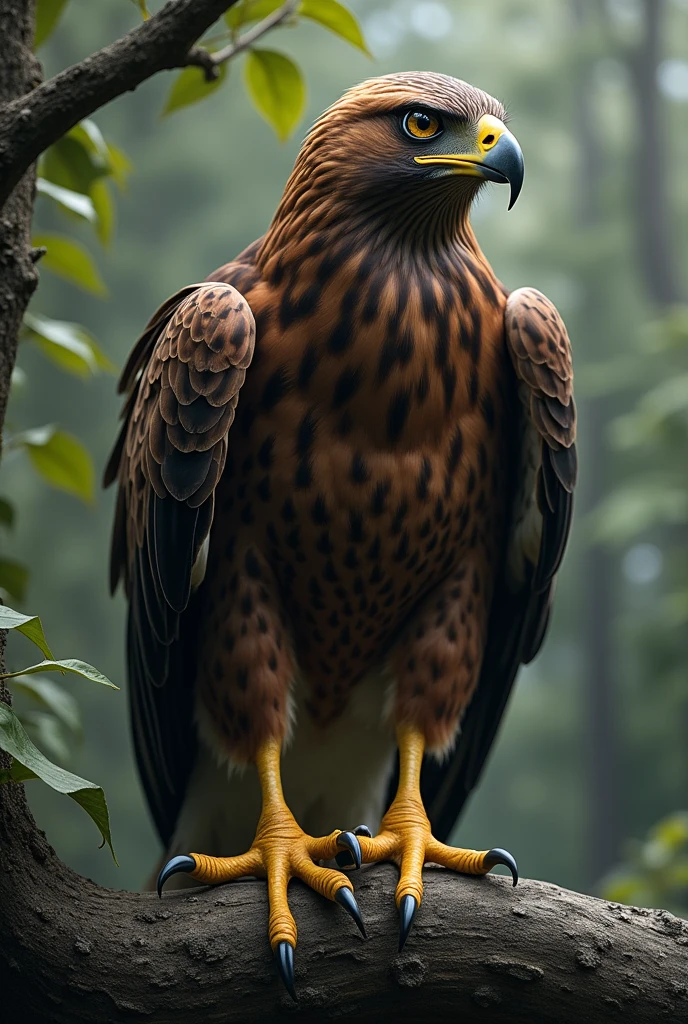 A hawk with a fearless face is perched on a tree, its eyes glaring at its prey.