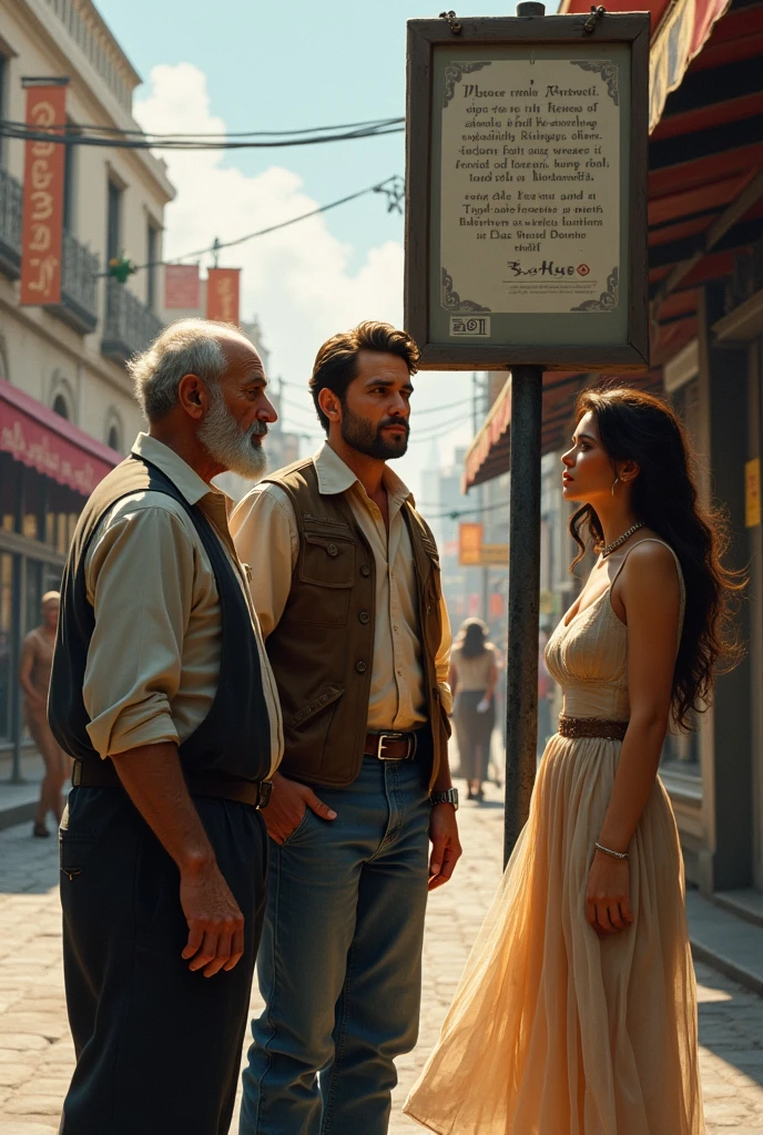 An old man and worker and beautiful lady looking at one sign board