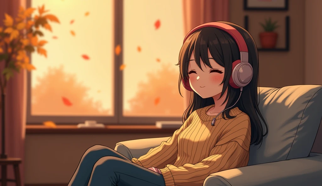Perfect image, 8k, High school girl listening to music in a cozy room、 Using headphones, 2D-style animation, Lo-Fi,Autumn leaves outside the window、autumn、Sit on the sofa、smile、Retro、Anime style illustrations、Mature atmosphere、Wearing knitwear