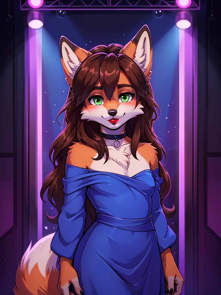 Best quality, furry male fox with green eyes, with brown long hair, with black spout, with red lipstick on lips, big lips, in a blue dress, crossdressing,  shy, with a choker around his neck, off-the-shoulder dress, flirts, sexy pose, portrait, against the backdrop of an empty nightclub