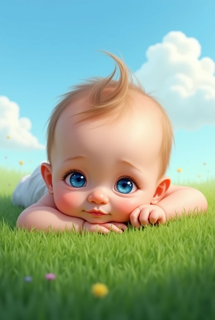 Blue eyes of a baby boy / Lying in a green grass ground/ With background of a blue sky with white clouds