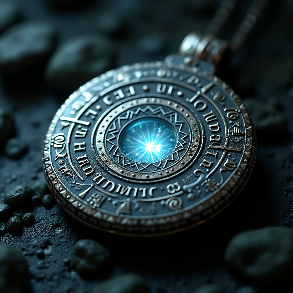 A detailed close-up of the mysterious amulet. It has a unique design with intricate patterns, possibly made of silver or an ancient metal, and a faint, magical glow emanating from its center in dall e-3 style 