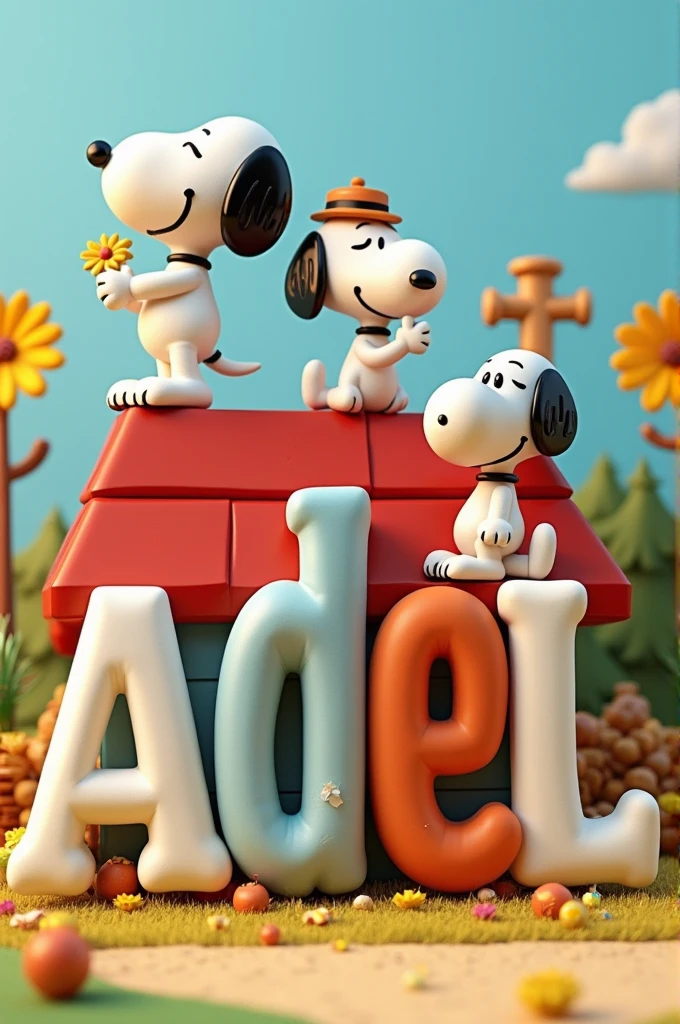 Image of the name "ADEL" in 3d snoopy and friends theme designed in each letter