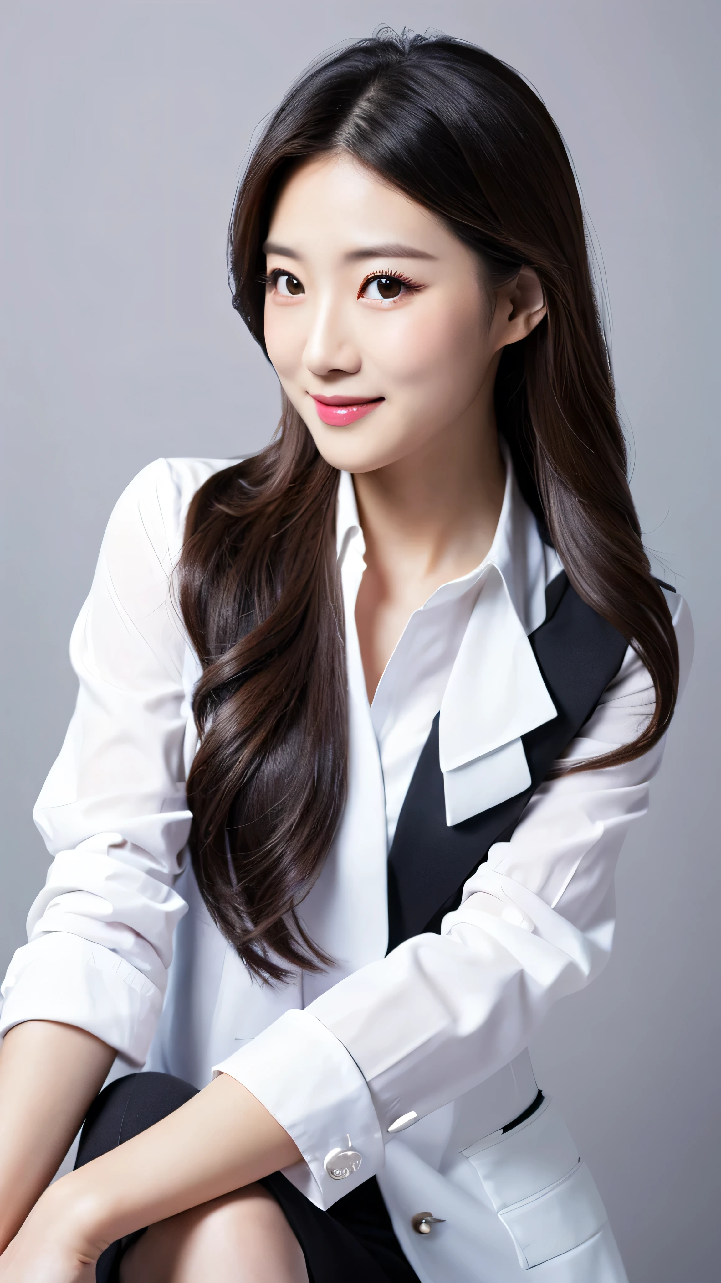 vivid,Normal chest,(between legs)),cute,(Detailed face),White business shirt,business suit,Ultra-high resolution,（Photorealistic：1.7）,Gray background,Black long hair,