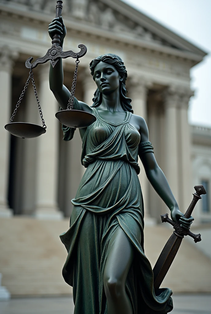 
"Create an image of a statue of Justice with her right hand holding an unbalanced scale, one side of which is broken. The statue of Justice has her eyes closed and her left hand holding a sword."