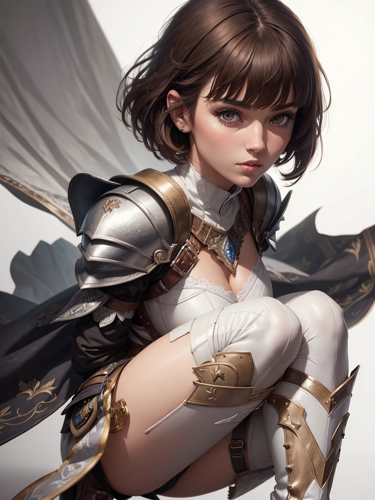 (((white background))), best quality, solo, 1 woman,full body,high heel boots,knight,bangs,looking at viewer,short hair,brown hair,pretty woman,masterpiece, intricate details, tonemapping, sharp focus, hyper detailed, trending on Artstation,