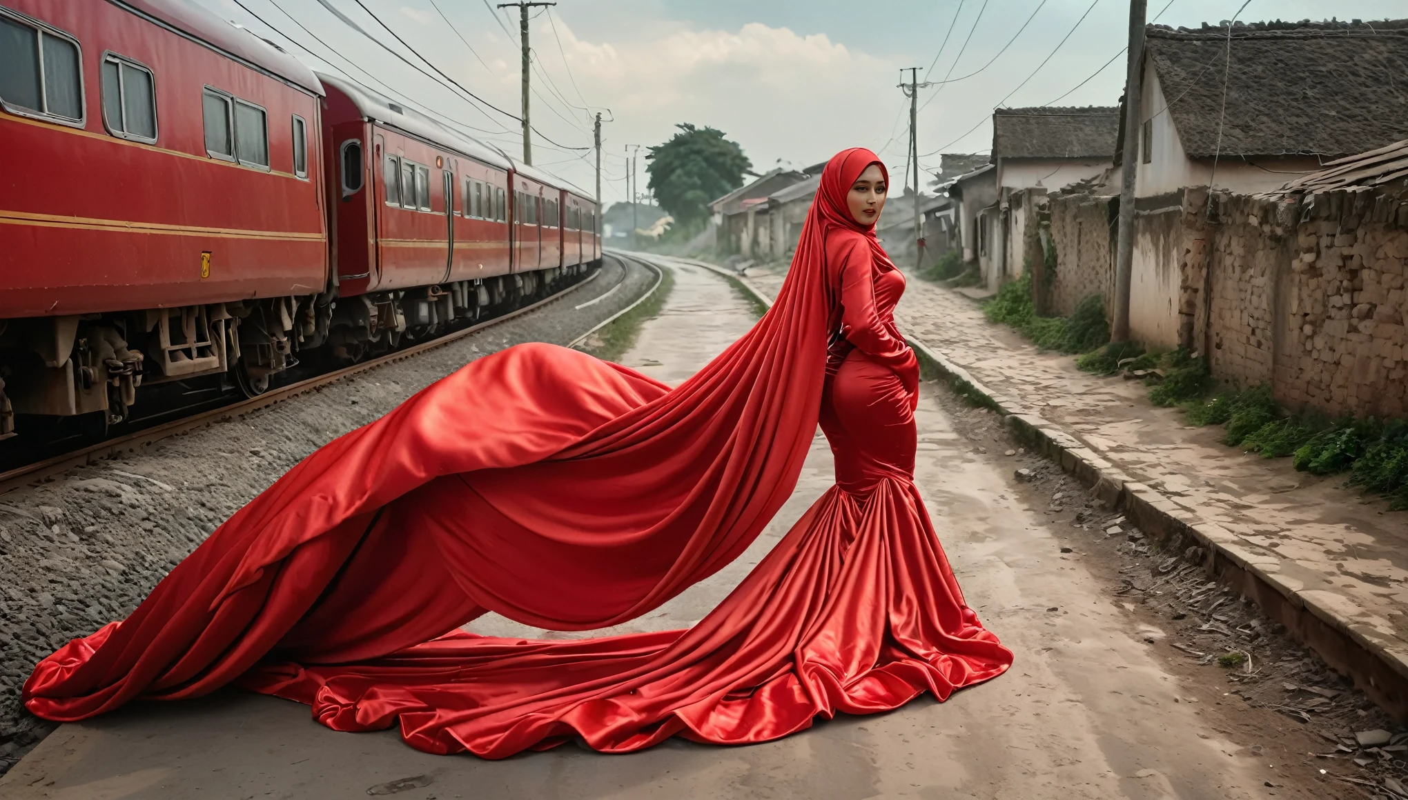 A woman shrouded in a 10-meter-long, plush red satin cloth, tightly bound and grandly draping along the form of her body, flowing off into a pooled floor-length train, styled in a mermaid-inspired outfit, her head modestly veiled in a satin hijab, tall woman, in village road, a full-body pose conveying a sense of mysterious elegance, captured in a 4k resolution, ultra-realistic