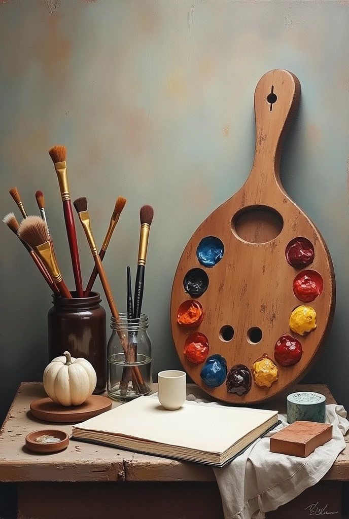 A drawing of elements of art that looks realistic on a canvas taken like a picture from a phone