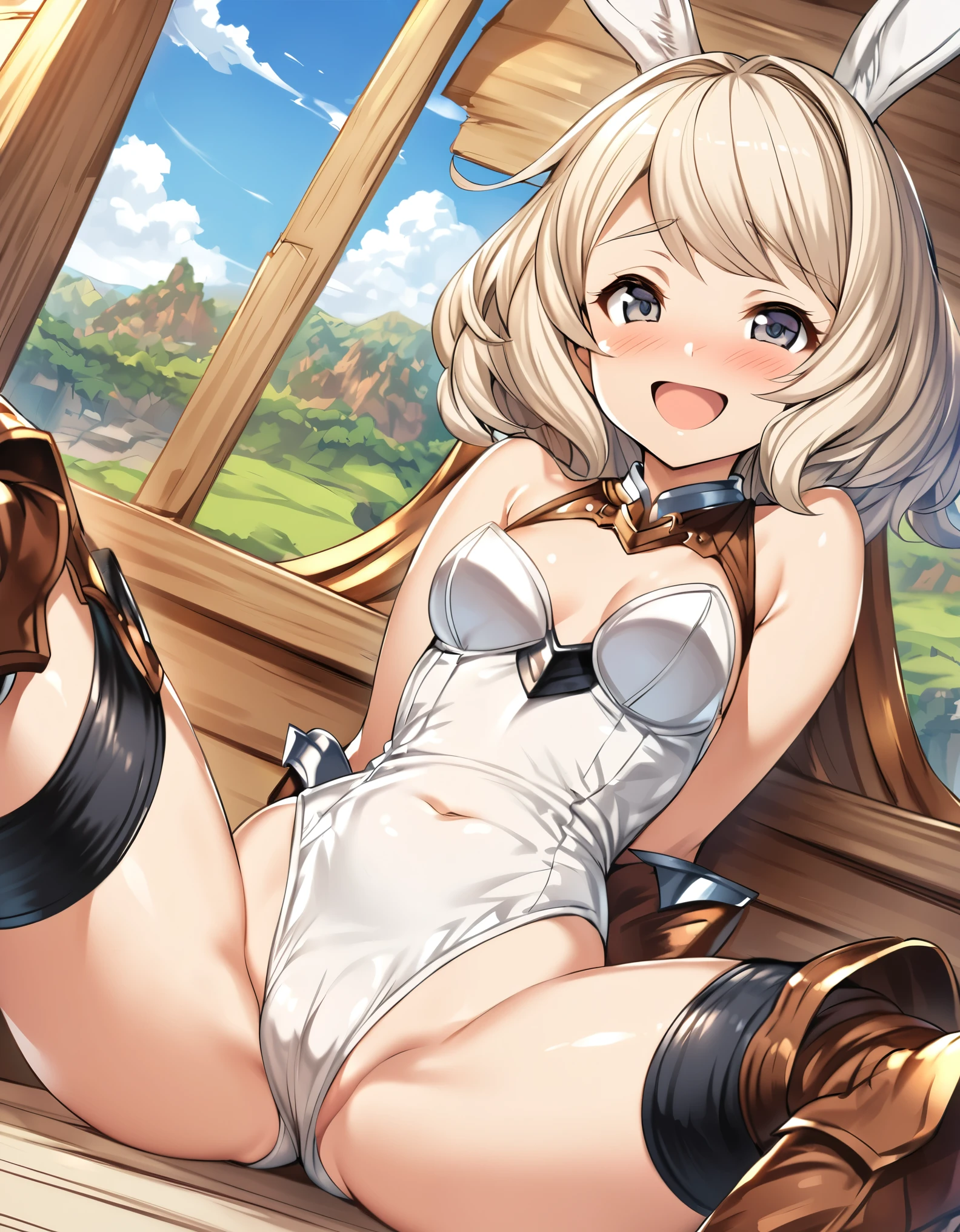 GRANBLUEfantasy,ung_teeirl,brown_hair,medium_bob_hair,platina_blond_hair,white_leotard,covered_crotch,thigh-highs,smile,standing,bluesky_landscape_background,slightly_spread_legs,happiness, short_gloves ,solo, r18, navel,relicbuster,short,boots,open_mouth,sitting,knees,blush,shy,bunny_ears