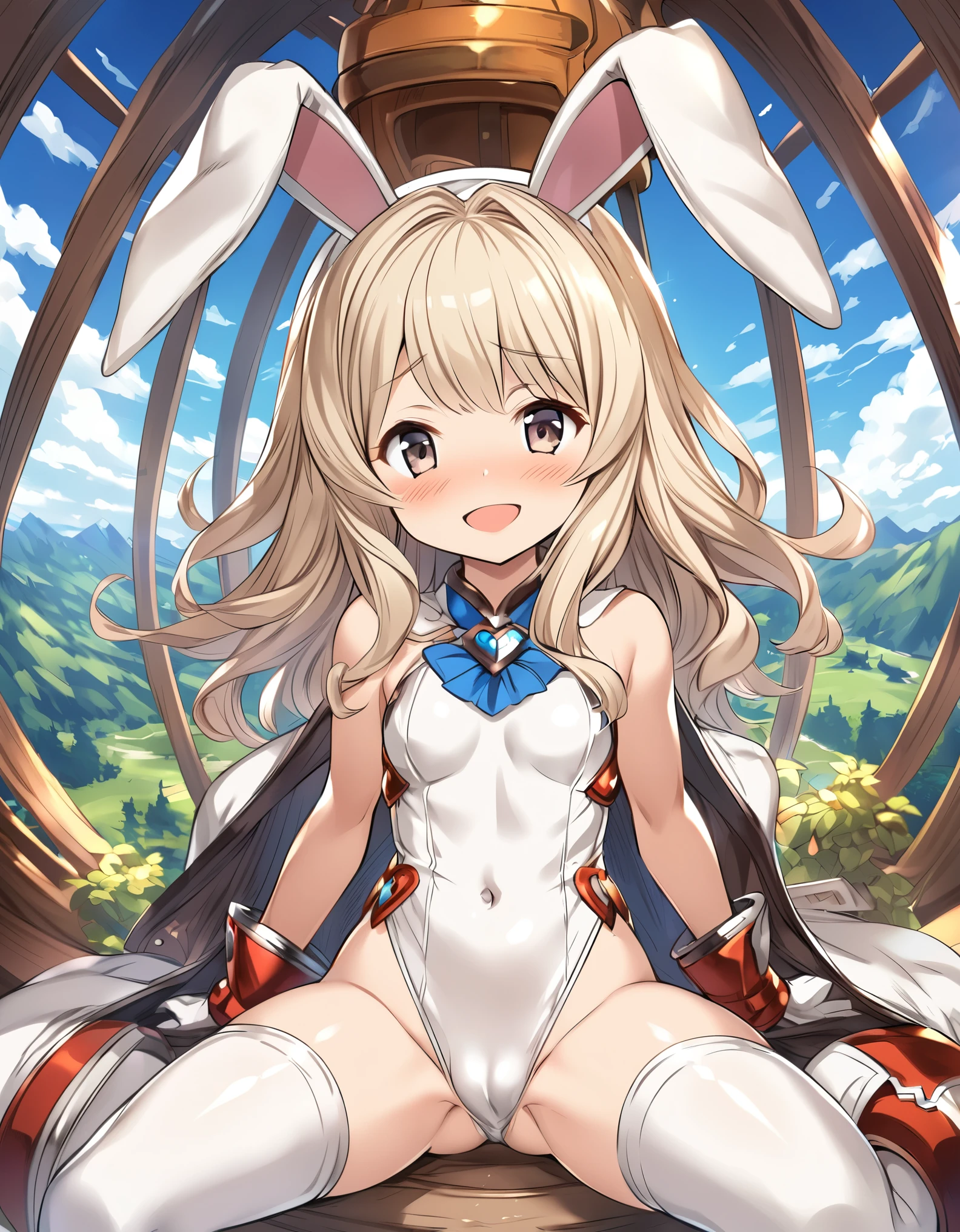 GRANBLUEfantasy,1young_teen_ girl,brown_hair,medium_bob_hair,platina_blond_hair,white_leotard,covered_crotch,thigh-highs,smile,standing,bluesky_landscape_background,slightly_spread_legs,happiness, short_gloves ,solo, r18, navel,relicbuster,short,boots,open_mouth,sitting,knees,blush,shy,bunny_ears