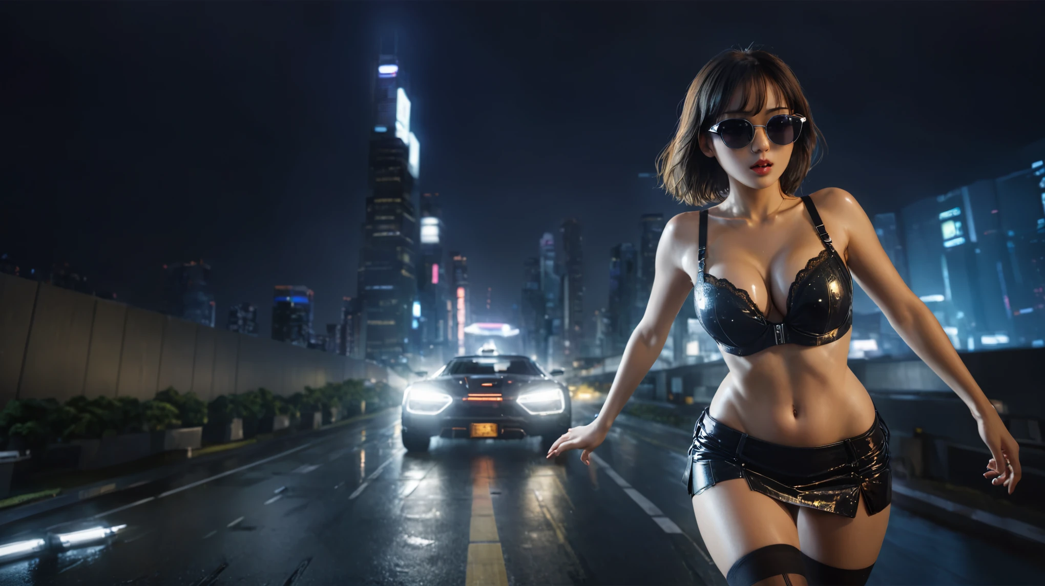 Blade Runner style futuristic Tokyo city, flying cars, neon lights, rainy night. (1girl, solo, alone), large-:1.2 slim:0.9 body, oval:0.8 face, cleavasexy black lacbra, low angle view of miniskirt, white laced panty, jacket, (bmicro sunglasses), (holding a short gun), running pose, half-body thigh level medium shot, cinematic lighting, ray tracing.