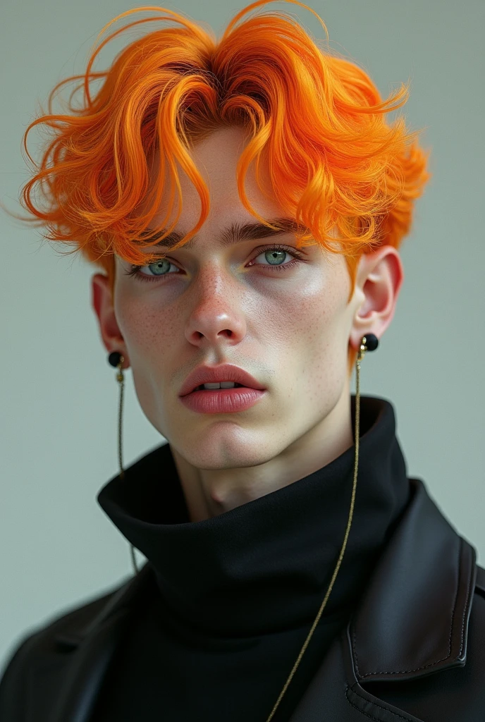 A tall 22 year old white guy with orange blonde hair With white colored eyes With earrings in both ears