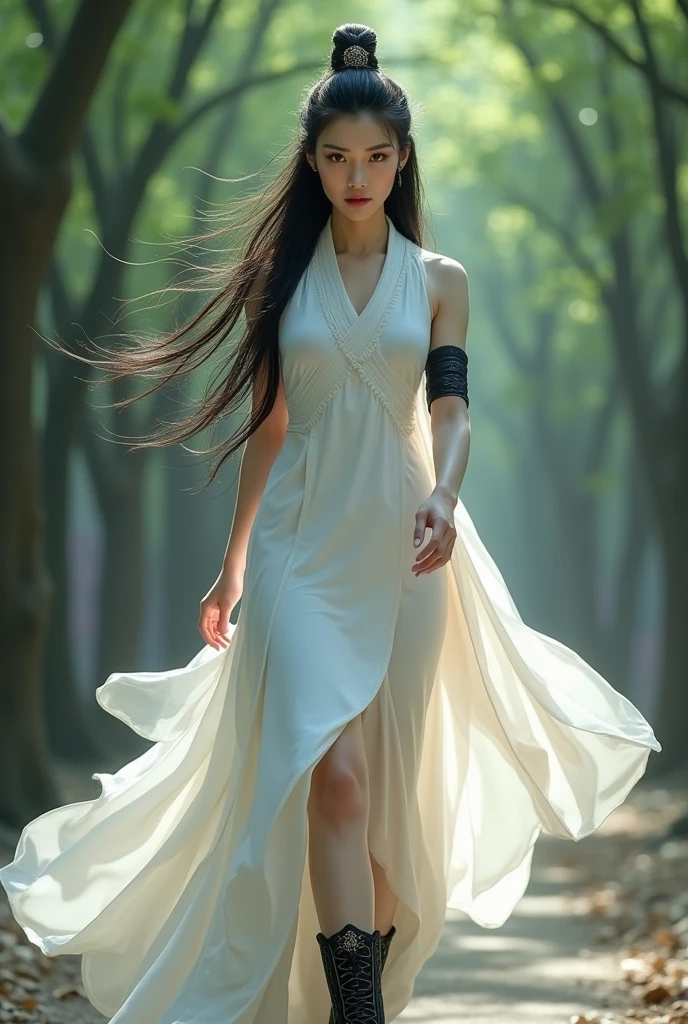  ultra high resolution, (((masterpiece))), (((best quality))), ((super detailed)), ((extremely delicate and beautiful)), (real), (1girl, solo, male focus:1.2) ,(dark pink and gold:1.3), (black long hair and flowinghair:1.1), closeup of a model woman, focus and determine, bright eyes, glossy lips, photoreal, 8 k, wear a white wuxia dress, black arm band and boots, bokeh, chinatsumura,wind blows her hair, r motion blur, background of chinese trees, front side, (((light and shadows)))