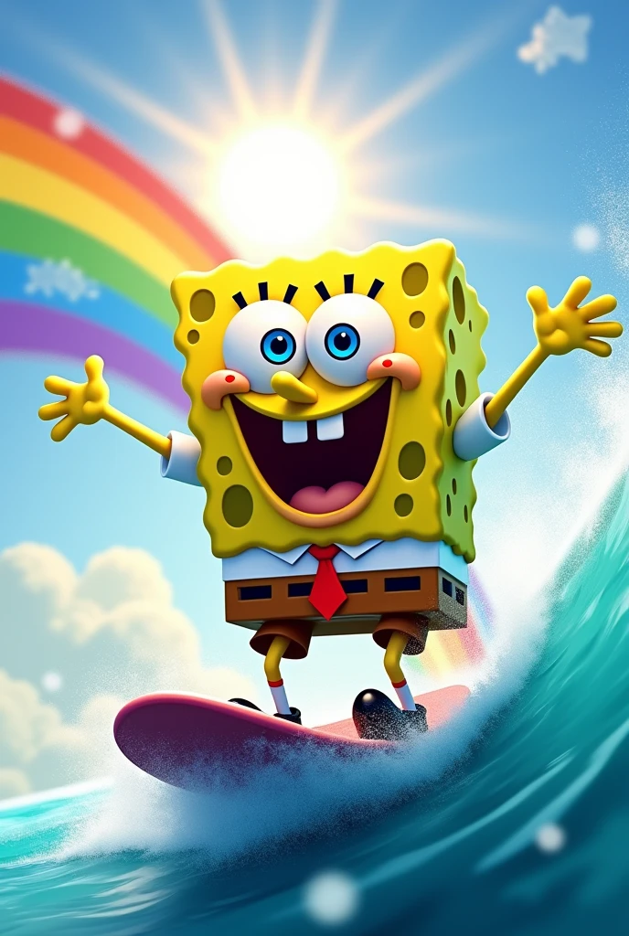 A happy SpongeBob, surfing on a rainbow, while the sun shines behind him