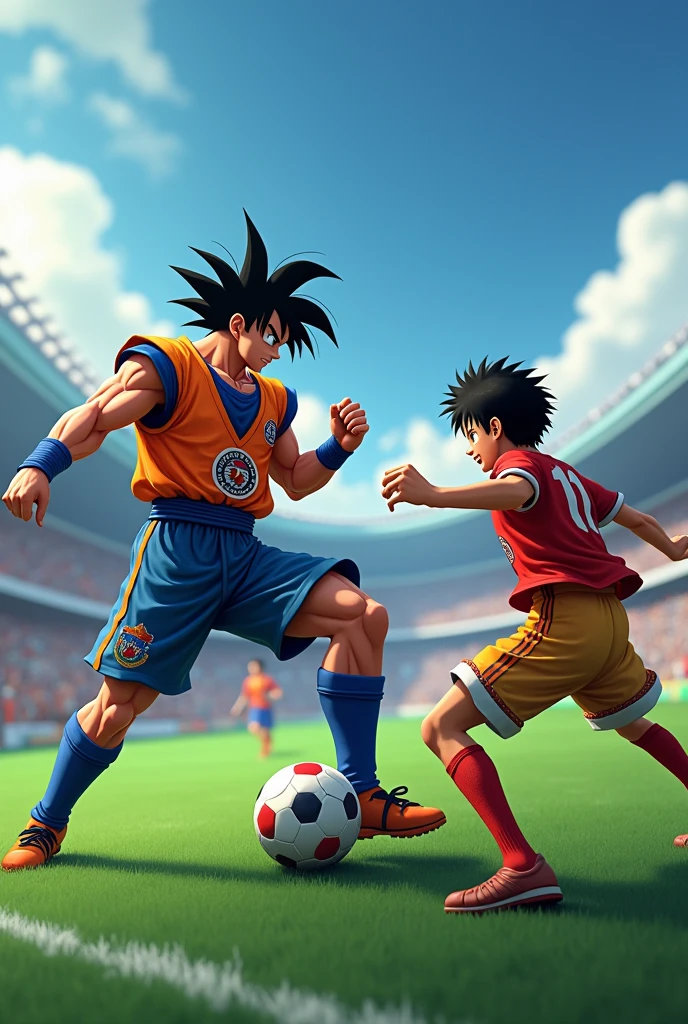 (photorealism:1.2), Goku in the uniform of the Mexican soccer team of "El America" doing a genki dama while Luffy in the uniform of the Mexican soccer team of "Cruz Azul" defends him from The goat mascot of the Mexican soccer team ,"Las Chivas"