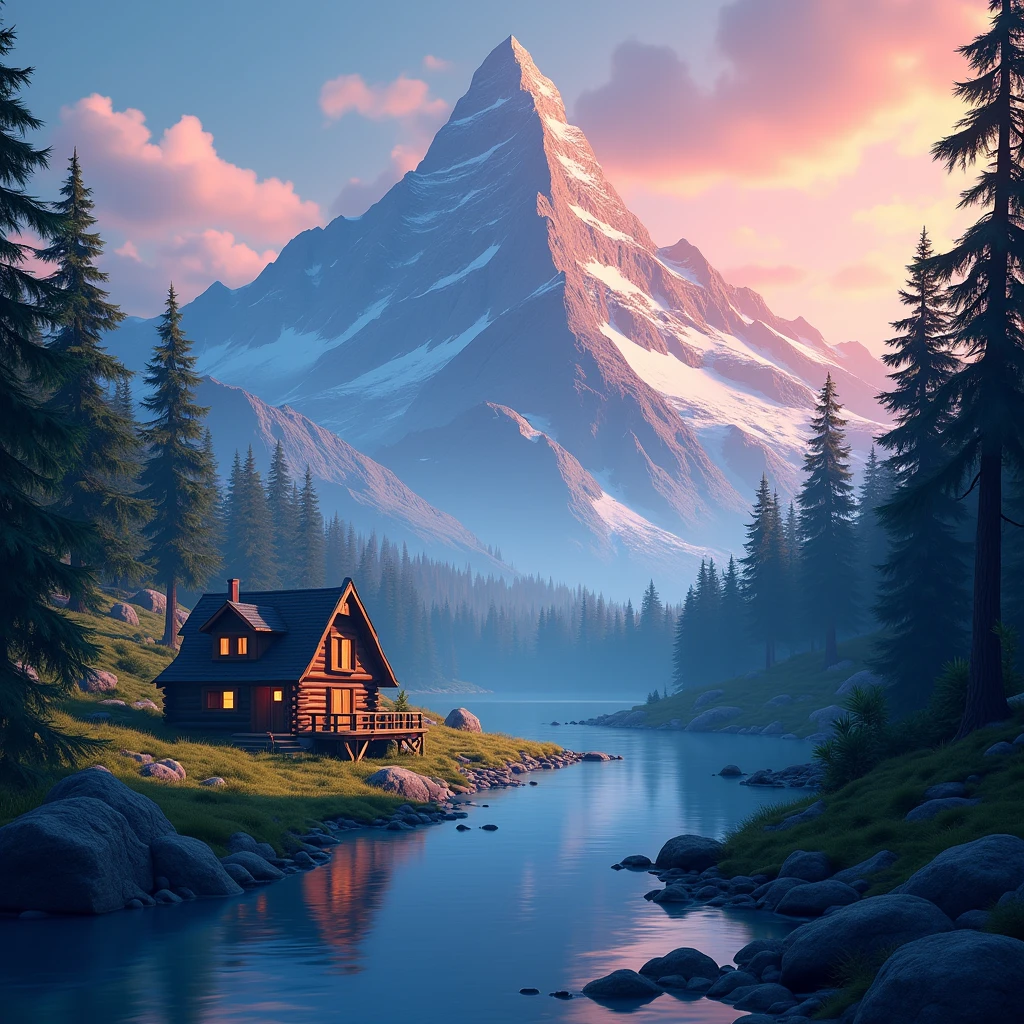 Create a videogame main manu background, is a survival videogame, be creative, PC background, make it in a mountain with good ilumination, make it style animated, with strength colors, make with a little lake and a little house, with trees and little caves