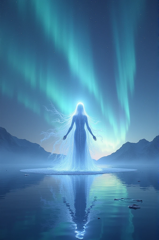 A spirit in a place with stars and auroras and water covering the ground