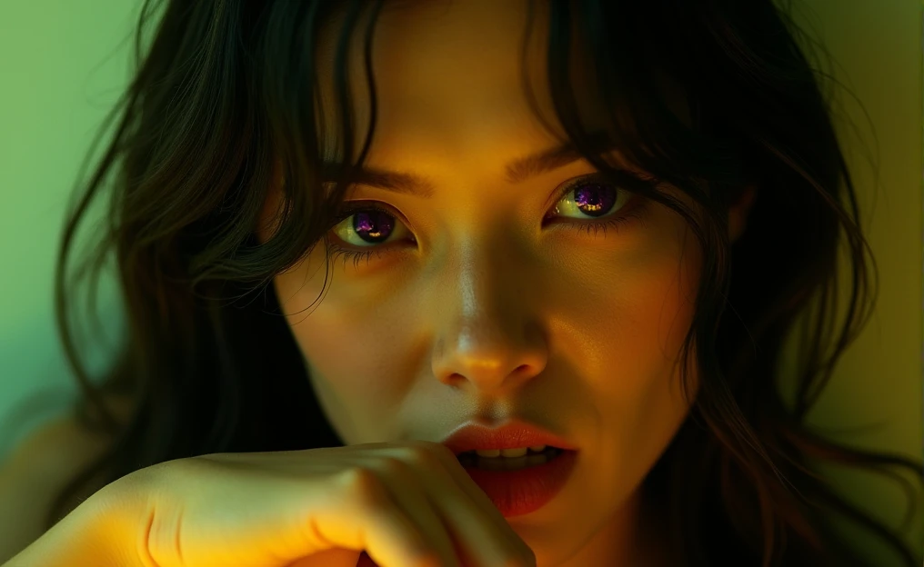 This photo shows a close-up of a female face with an intense and mysterious expression.. Dark hair is damp or wet, partially covering the forehead and falling to the sides of the face. The eyes, who look directly at the camera, They are of a deep color, possibly purple or blue, and stand out for their depth and shine. The lips are slightly parted and have a natural tone with a hint of shine.. The lighting is soft and warm, with shadows that add a dramatic effect to the face. The right hand, partially visible, It is close to the mouth, lightly touching the lower lip. The overall image has a yellowish-green tone., which gives it a slightly ethereal or cinematic look.