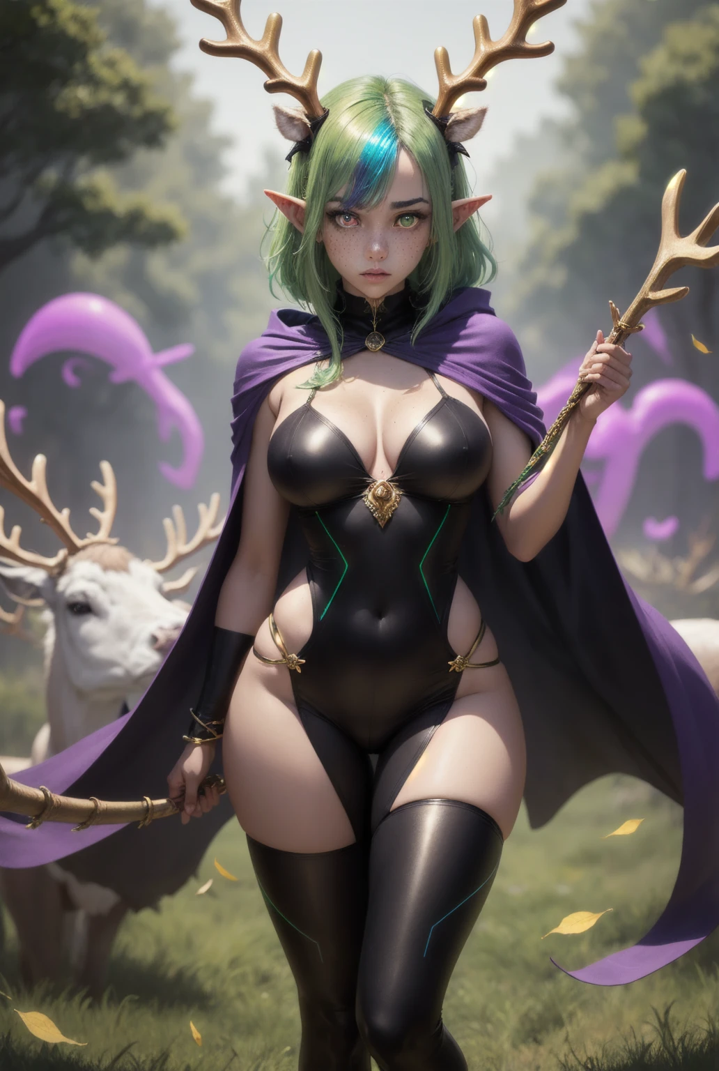 prismatic coloration, holographic environment, young African girl, Deep black skin, Beautiful, elven ears, Judgmental glare, Neon green hair, Heterochromia with deep one eye green & one eye Gold, C-cup breasts, lithe, fit, form-fitting bodysuit with a deep neckline, exposing much of her chest area, full-body, slender legs, beautiful eyes, freckles, leaf green eyebrows, (long straight prismatic reindeer_antlers:1.2), wielding light magic, Battle stance, grassy aura, mythic flowing Black-Purple-Green cloak with Golden Floral designs, Safe-For-Work