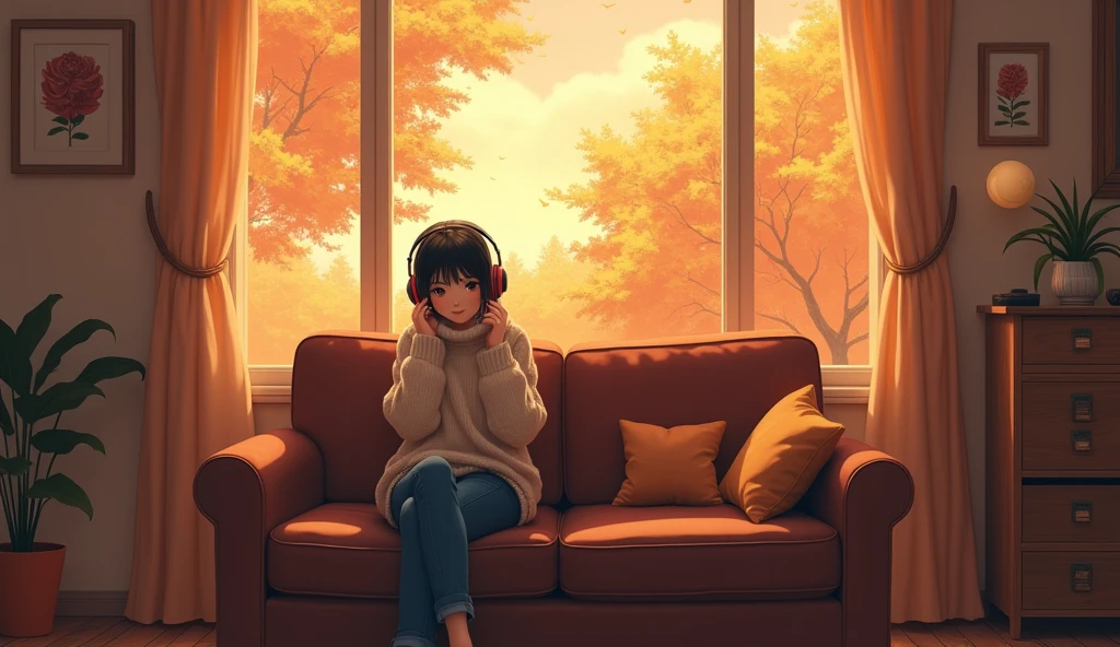 Perfect image, 8k, High school girl listening to music in a cozy room、 Using headphones, 2D-style animation, Lo-Fi,Autumn leaves outside the window、autumn、Sit on the sofa、smile、Retro、Anime style illustrations、Mature atmosphere、Wearing knitwear、I'm wearing jeans