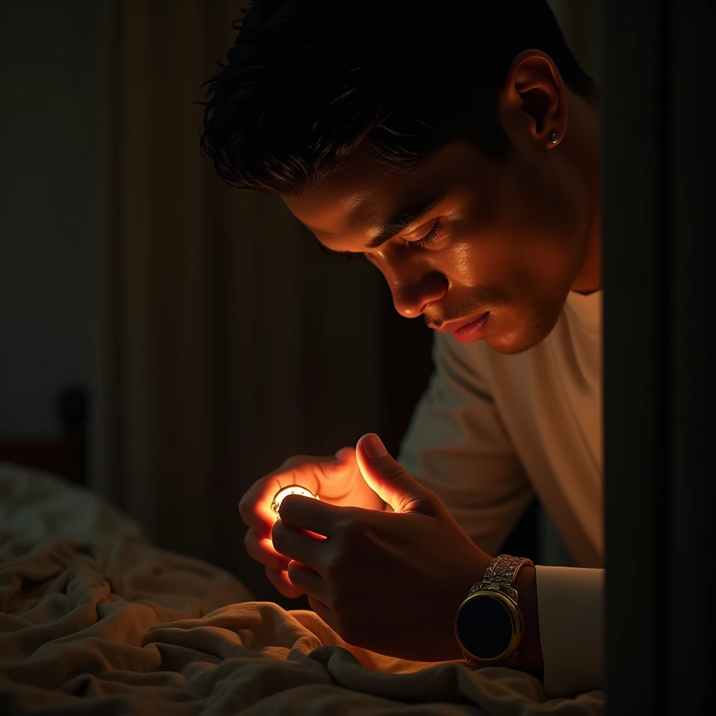 Ronaldo in his personal space, perhaps his bedroom or a private locker room, carefully placing the amulet in a hidden spot. The scene is intimate, with dim lighting highlighting the secrecy in dall e-3 style 