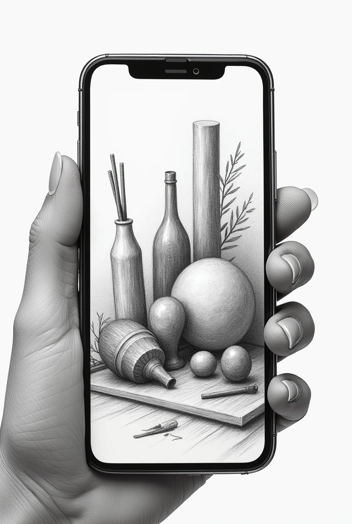 A drawing of elements of art that looks realistic on a canvas taken like a picture from a phone with no color just a sketch