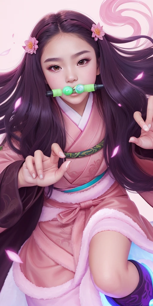 a gorgeous 12 year-old girl wearing a pink kimono with brown robe, green tube in mouth, demon slayer, extremely detailed, 8k high quality detailed art, high detailed official artwork