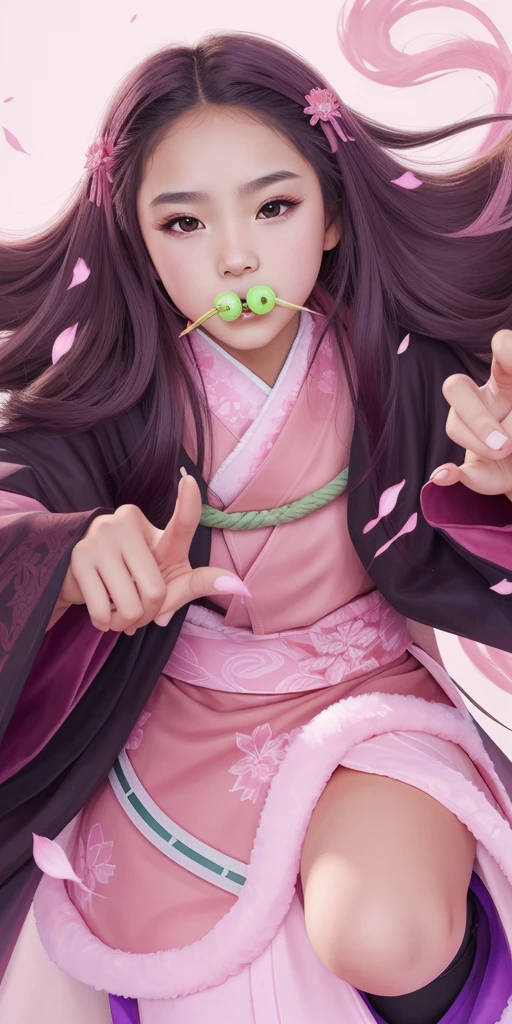 a gorgeous 12 year-old girl wearing a pink kimono with brown robe, green tube in mouth, demon slayer, extremely detailed, 8k high quality detailed art, high detailed official artwork