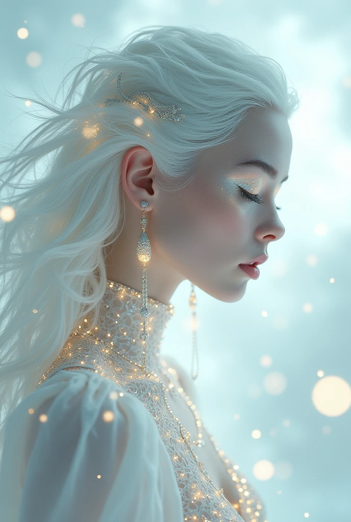 albino woman with glowing makeup and hair in white gold jewelry, light painting, futuristic digital, realistic sci-fi, lights, gold filigree, silver lashes, diamond, ethereal, misty, holographic, white sky on background,glitter, hair in the wind