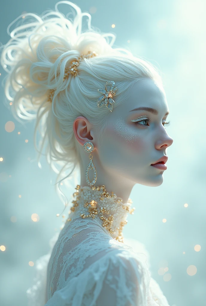 albino woman with glowing makeup and hair in white gold jewelry, light painting, futuristic digital, realistic sci-fi, lights, gold filigree, silver lashes, diamond, ethereal, misty, holographic, white sky on background,glitter, hair in the wind