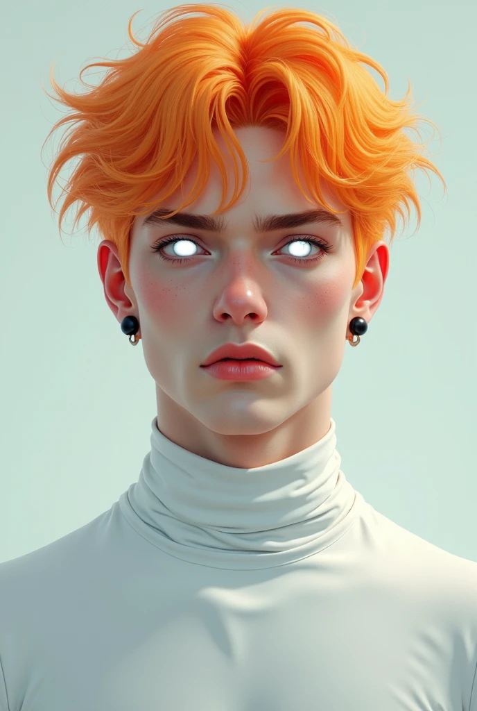 A tall 22 year old white guy with orange blonde hair With white eyes With earrings in both ears With a tight white shirt