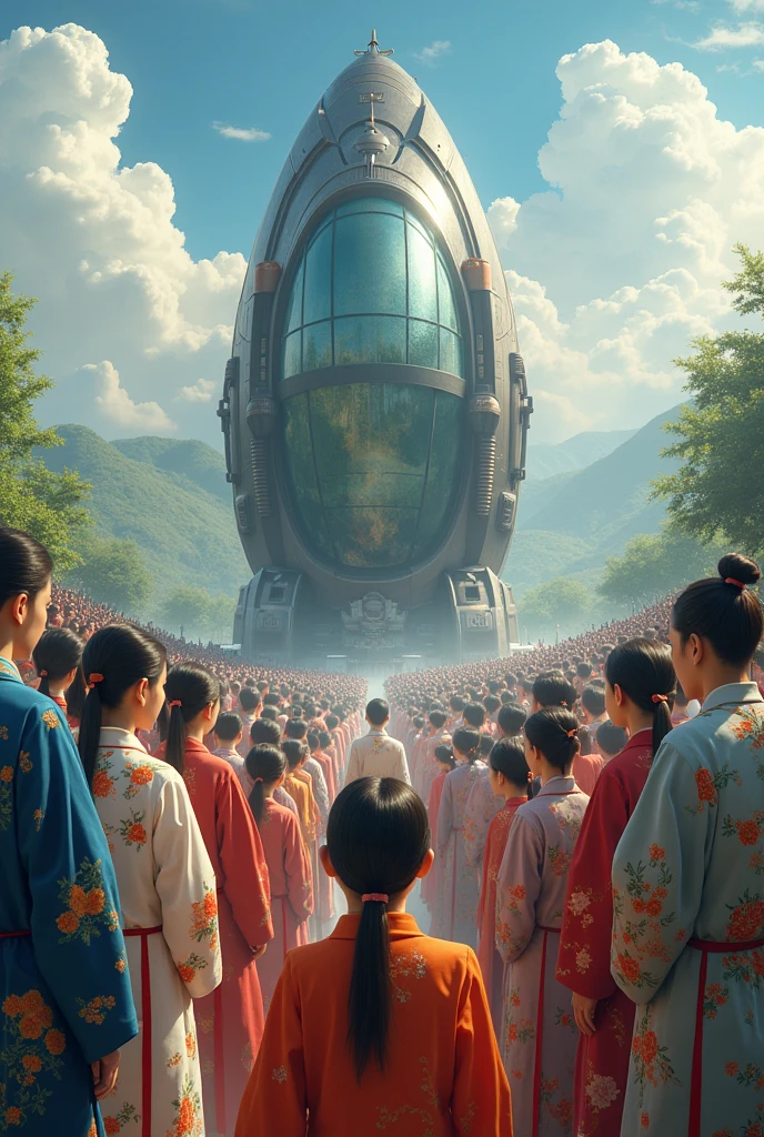 All people shocked surrounded at the big time travel capsule. All people wear Chinese traditional dress