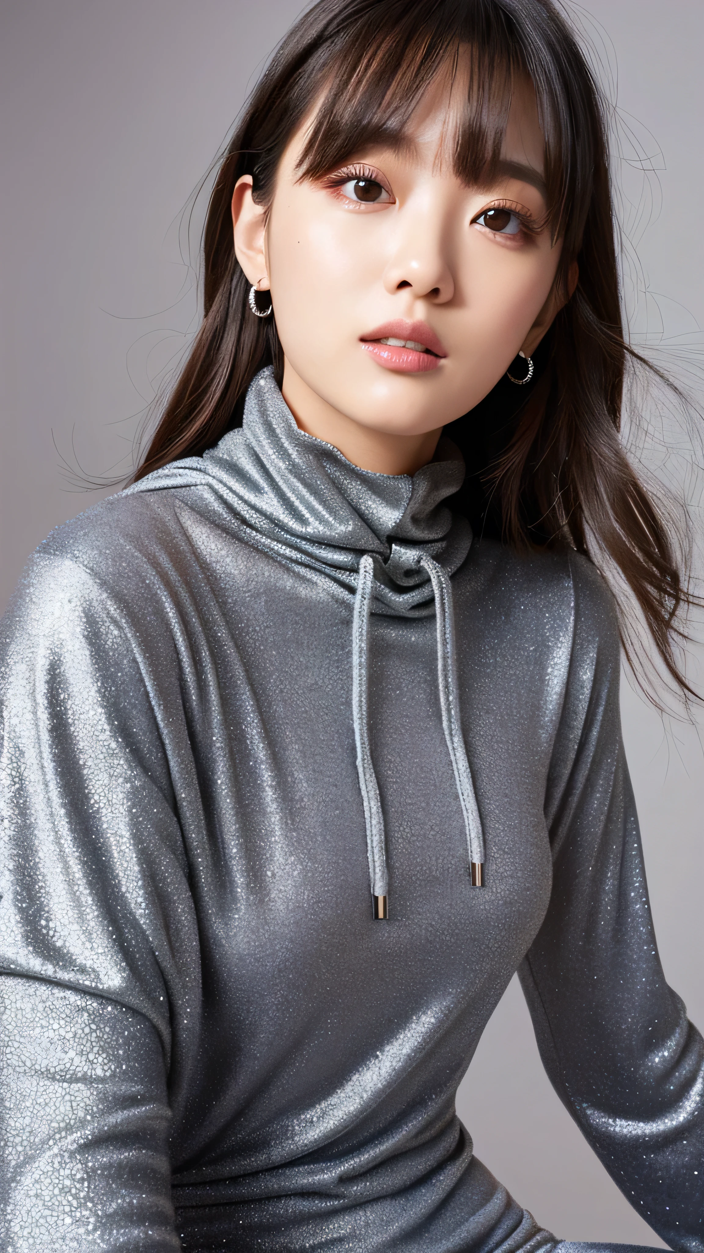 vivid,Normal chest,((between legs)),cute,(Detailed face),hoodie,Silver glitter turtleneck bodysuit,Ultra-high resolution,(Photorealistic:1.7),Gray background,Black long hair,