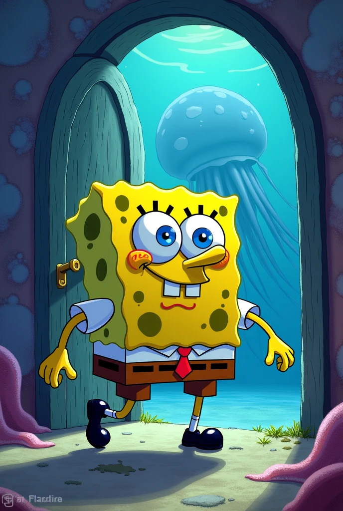 spongebob, as he bravely walks through a door with a determined expression, behind which a huge jellyfish is waiting.