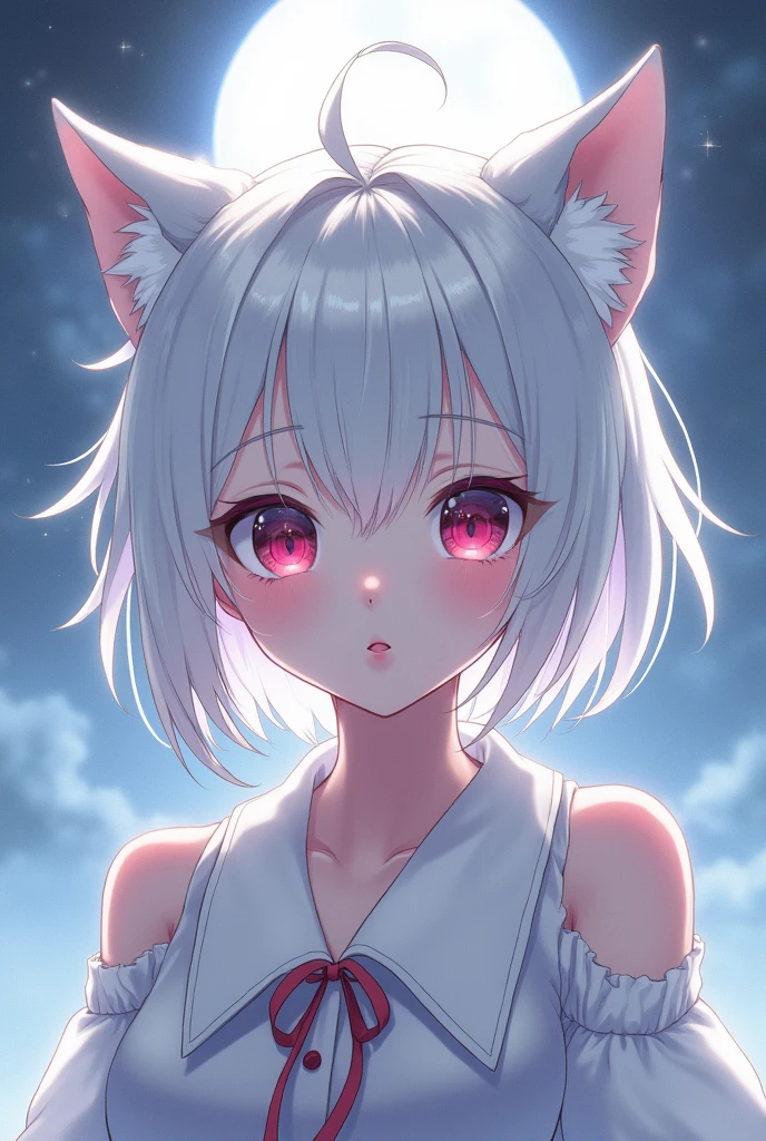 youthful anime girl jjk style, white wolfcut style hair, eyes that reflect a resemblance to the moon, pale skin, thick lips with a crimson hue