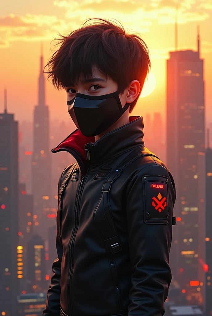A boy who has a black shade mask on half mouth or shadow cyberberg black or red -colored suit is robbed of half -straight hand, or the sun is the city behind his