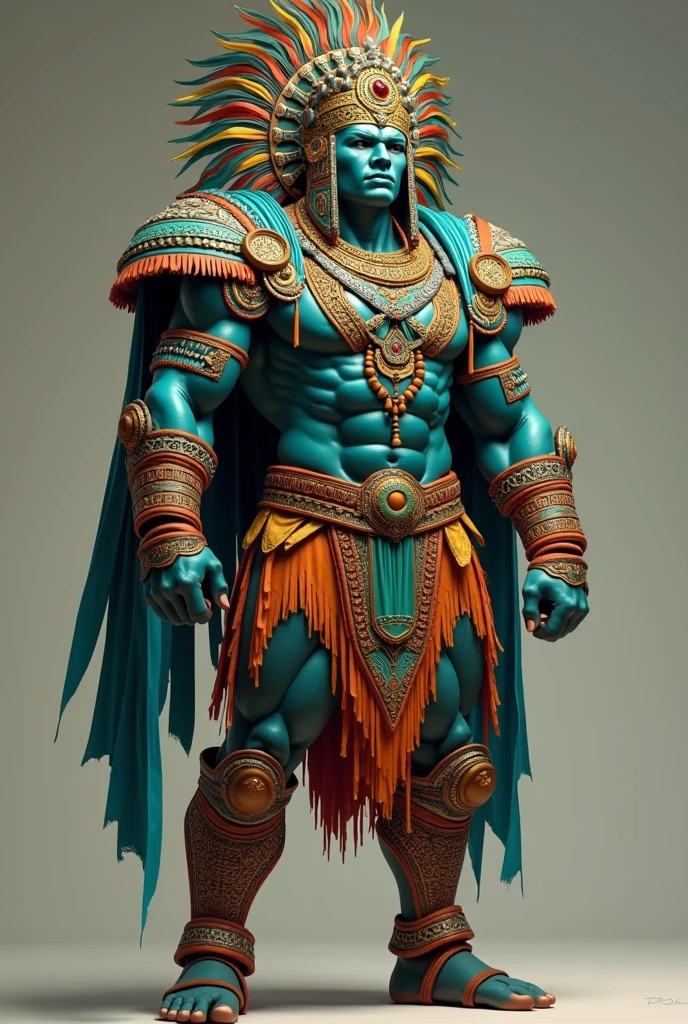 Huitzilopochtli is represented with a robust and muscular body, a tangible reflection of his strength and skill in battle. Your skin, in shades of blue or green, It is associated with the sky and the sun, underlining its connection with these divine elements. His face projects a strong and determined expression., with traits that may appear harsh or fierce, emphasizing his imposing character and his role as god of war.
Regarding his clothing, Huitzilopochtli wears a characteristic warrior outfit. This includes a combination of items such as blankets and capes adorned with brightly colored feathers., that reinforce their status and their association with power and majesty. He is decorated with jewels and ornaments that reflect his divine status., including necklaces, ribbons and head ornaments, All of them carefully designed to highlight his authority and divinity.. This full representation of Huitzilopochtli underscores his role as a powerful and revered deity in Aztec mythology..