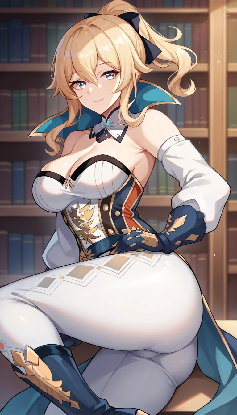 library, Score_9, score_8_up, score_7_up, score_6_up, source_anime, rating:general, 1girl, beautiful woman, mature, beautiful body, curvy, white skin, showing the ass, looking at viewer, excited, seductive look, seductive smile, sexy pose, slut, 1 girl, jean \(genshin impact\), breasts, blue eyes, blonde hair, long hair, hair between eyes, ponytail, gloves, bow, hair between eyes, ponytail, hair bow, sidelocks, belt, pants, detached collar, white pants, tight, bare shoulders, long boots, arousal, 8k, best quality, high quality, wallpaper