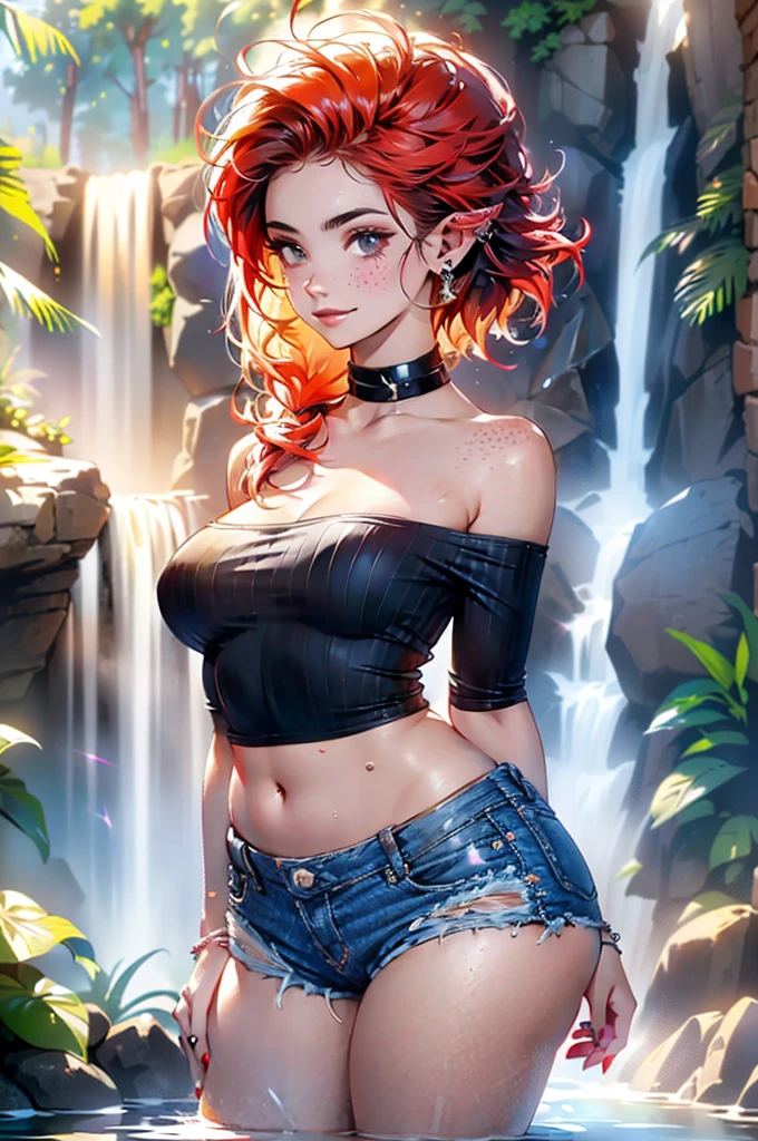 (large breasts 1.4), beautiful elf woman, ((Short Red Hair: 1.6, straight with shine)), bright blue eyes, bright eyes, double eyelids, light effect on eyes, detailed irises, sexy, curvy body, glasses,(( off the shoulder black tee shirt no logo or words: 1.6, choker, tiny denim shorts, black high heels, legs exposed,)) ((micro denim shorts, edgy sexy, Beautiful and cool, shorts)), ((Wet Clothes)) ((work of art, hyper-realistic, hyper detailed, Best quality, 16k, light and shadow on skin, vivid colors), eyeliner, Thin eyebrows, Sensual expression, perfect lips, sexy mature face, ((skin with light and shadow) flirting seductively with the viewer, lots of freckles, full lips, extreme blush, smile, ((standing under a waterfall, washing hair)), daytime, noon, rays of light, masterpiece, ((Hands washing hair: 1.6, biting lower lip)) ((View from side)),